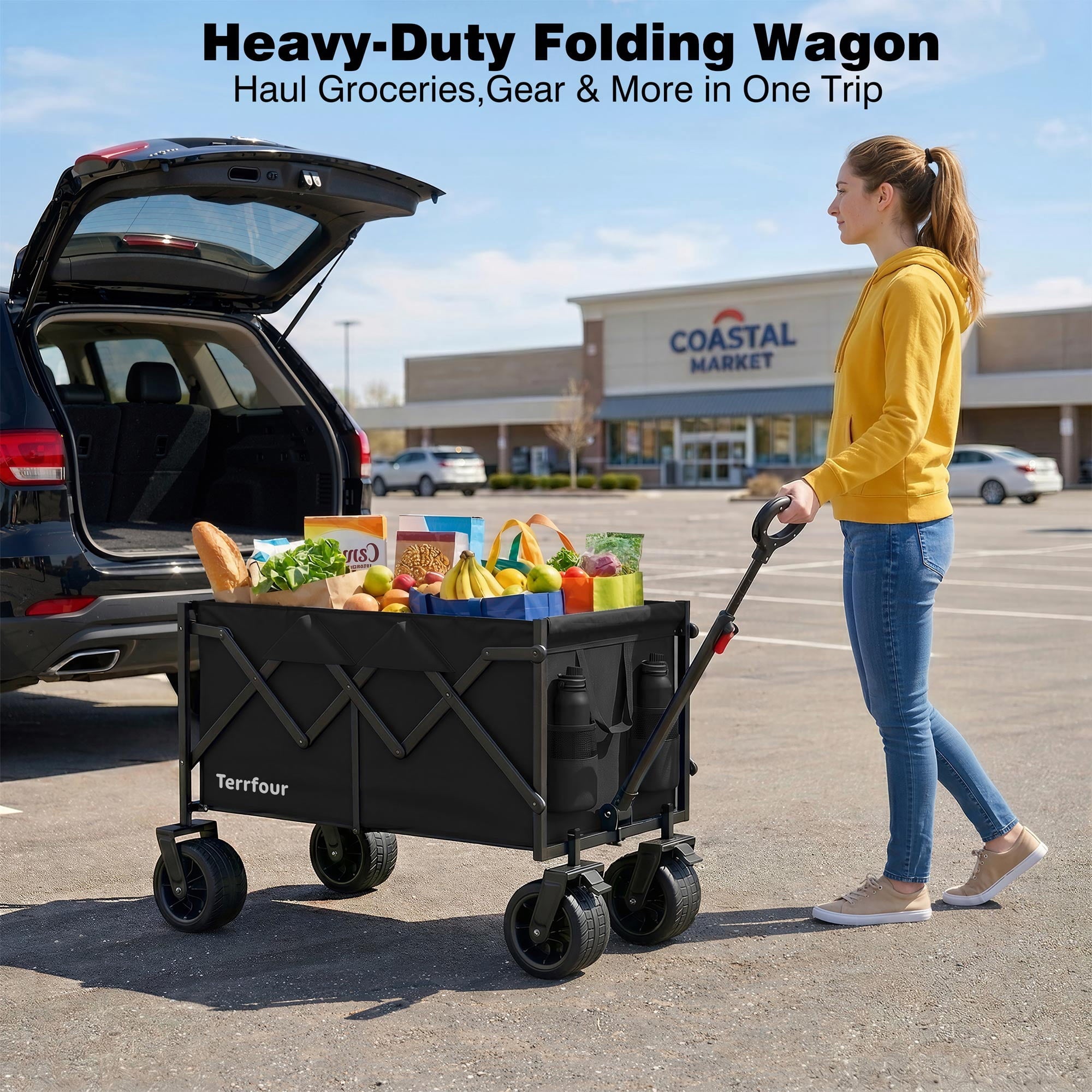 Terrfour Collapsible Wagon Cart with Tank Wheels, 580LBS Heavy Duty Folding Beach Wagon with Side Pocket for Camping Garden Sports Shopping, Black